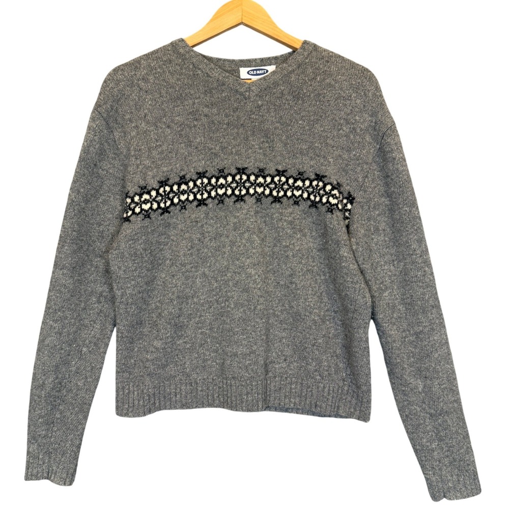 Old Navy Lambswool Sweater Mens Medium Grey Fair Isle Stripe Wool V-Neck Classic